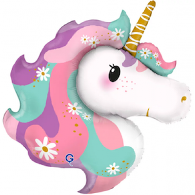 Шар с гелием, фольгированная фигура "Голова, единорог цветочный, сатин"