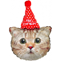 Шар с гелием, фольгированная фигура "Кот в колпаке, Ты супер!"