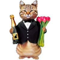 Шар с гелием, фольгированная фигура "Кот джентельмен с шампанским и тюльпанами"