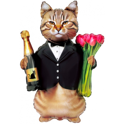 Шар с гелием, фольгированная фигура "Кот джентельмен с шампанским и тюльпанами"
