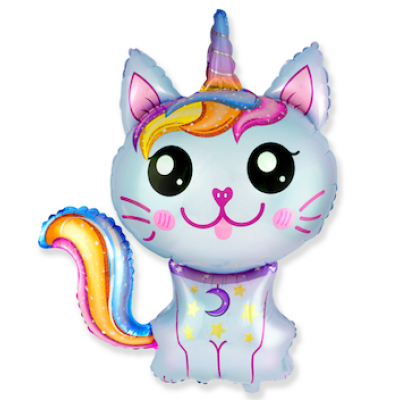 Шар с гелием, фольгированная фигура "Котёнок единорог, голубой